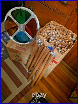 Vtg 6FT EVERGLEAM ALUMINUM POMPOM CHRISTMAS TREE W STAND w GEM ROTATING WHEEL