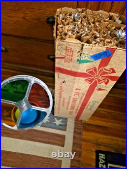 Vtg 6FT EVERGLEAM ALUMINUM POMPOM CHRISTMAS TREE W STAND w GEM ROTATING WHEEL