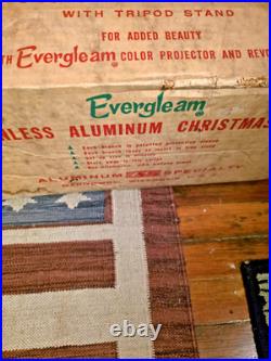 Vtg 6FT EVERGLEAM ALUMINUM POMPOM CHRISTMAS TREE W STAND w GEM ROTATING WHEEL