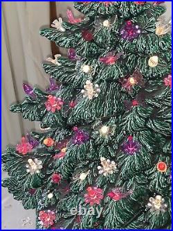 Vtg 70's Ceramic Christmas Tree 17 Lighted Bows Birds Flowers VINTAGE