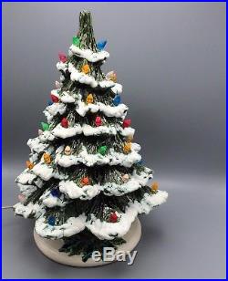 Vtg 83 Ceramic Christmas Tree Flocked Musical Base Plays Silent Night Signed 16