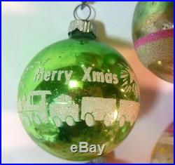 Vtg 9 SHINY BRITE Xmas Christmas Tree Ornament Balls Train Drum Silent Night