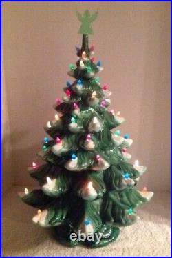 Vtg Atlantic Mold 25 Snow Cap Lighted Ceramic Christmas Tree Scroll Base Angel