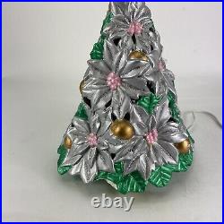 Vtg Atlantic Mold Ceramic Poinsettia Lighted Christmas Tree 12 Tall Colorful