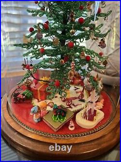 Vtg Beaded Christmas Tree Under Glass Dome Cloche Ornaments Toys & Music