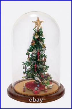 Vtg Beaded Christmas Tree Under Glass Dome Cloche Ornaments Toys Snowman Skirt