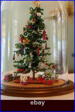 Vtg Beaded Christmas Tree Under Glass Dome Cloche Ornaments Toys Snowman Skirt