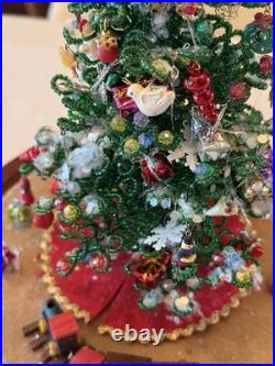 Vtg Beaded Christmas Tree Under Glass Dome Cloche Ornaments Toys Snowman Skirt