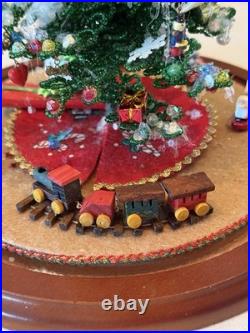 Vtg Beaded Christmas Tree Under Glass Dome Cloche Ornaments Toys Snowman Skirt