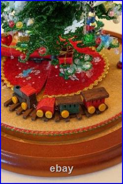 Vtg Beaded Christmas Tree Under Glass Dome Cloche Ornaments Toys Snowman Skirt