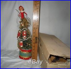 Vtg Bottle Brush Musical Rotating Christmas Tree Knee Hugger Pixie Elf Topper