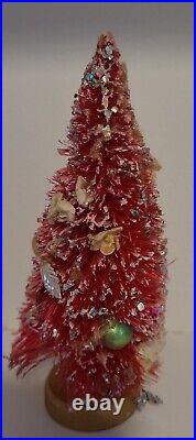 Vtg Bottle Pink Brush Christmas Tree 7 Mercury Glass beads foil Flowers Japan