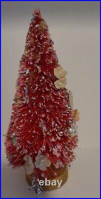 Vtg Bottle Pink Brush Christmas Tree 7 Mercury Glass beads foil Flowers Japan