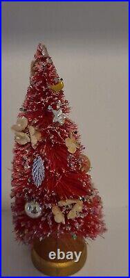 Vtg Bottle Pink Brush Christmas Tree 7 Mercury Glass beads foil Flowers Japan