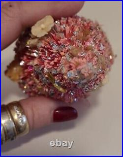 Vtg Bottle Pink Brush Christmas Tree 7 Mercury Glass beads foil Flowers Japan