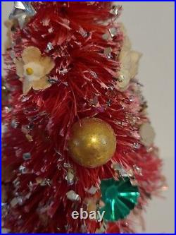 Vtg Bottle Pink Brush Christmas Tree 7 Mercury Glass beads foil Flowers Japan