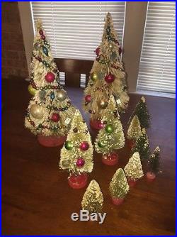 Vtg Bottlebrush Christmas Trees, glass Shiny Brite Ornaments Miniature