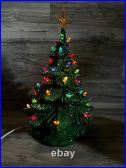 Vtg Ceramic Christmas Tree & Base Green with Multicolored Lights, Birds, Star