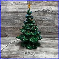 Vtg Ceramic Christmas Tree & Base Green with Multicolored Lights, Birds, Star