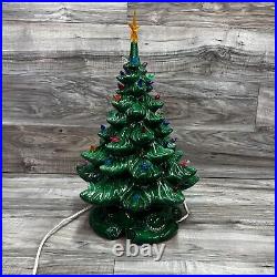 Vtg Ceramic Christmas Tree & Base Green with Multicolored Lights, Birds, Star