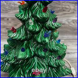 Vtg Ceramic Christmas Tree & Base Green with Multicolored Lights, Birds, Star