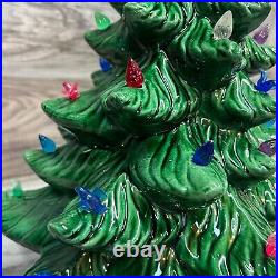 Vtg Ceramic Christmas Tree & Base Green with Multicolored Lights, Birds, Star