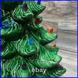 Vtg Ceramic Christmas Tree & Base Green with Multicolored Lights, Birds, Star