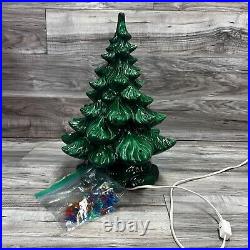 Vtg Ceramic Christmas Tree & Base Green with Multicolored Lights, Birds, Star