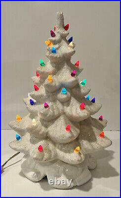 Vtg Ceramic Christmas Tree White Glitter Flocking Lighted 16 Tall Scroll Base