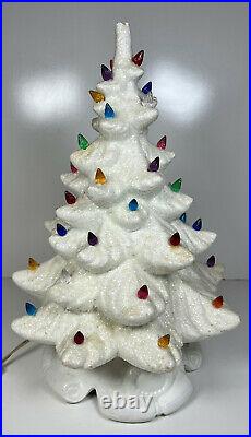 Vtg Ceramic Christmas Tree White Glitter Flocking Lighted 16 Tall Scroll Base