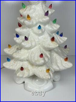 Vtg Ceramic Christmas Tree White Glitter Flocking Lighted 16 Tall Scroll Base