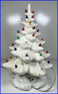 Vtg Ceramic Christmas Tree White Glitter Flocking Lighted 16 Tall Scroll Base
