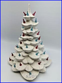 Vtg Ceramic Christmas Tree White Silver 60's-70's Colored Bulbs 15 No Light