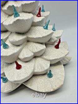 Vtg Ceramic Christmas Tree White Silver 60's-70's Colored Bulbs 15 No Light