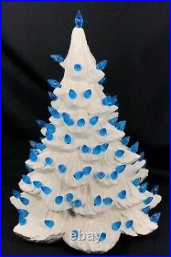 Vtg Ceramic Christmas Tree White with Blue Bulbs 11 Tall TREE ONLY