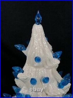 Vtg Ceramic Christmas Tree White with Blue Bulbs 11 Tall TREE ONLY