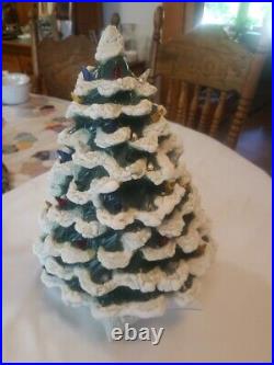 Vtg Ceramic Christmas Tree with Base 15 Tall Large Snow Flocked Light Up WORKS