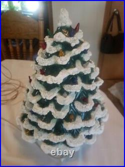 Vtg Ceramic Christmas Tree with Base 15 Tall Large Snow Flocked Light Up WORKS