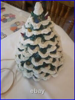 Vtg Ceramic Christmas Tree with Base 15 Tall Large Snow Flocked Light Up WORKS