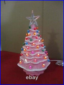 Vtg Ceramic Pink White Christmas Tree Light Lamp with Star & Bulbs Nostalgic (A)