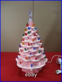 Vtg Ceramic Pink White Christmas Tree Light Lamp with Star & Bulbs Nostalgic (A)