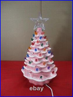 Vtg Ceramic Pink White Christmas Tree Light Lamp with Star & Bulbs Nostalgic (A)