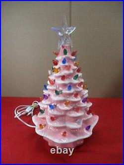 Vtg Ceramic Pink White Christmas Tree Light Lamp with Star & Bulbs Nostalgic (A)