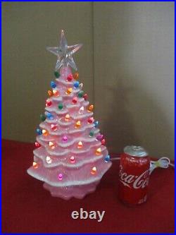Vtg Ceramic Pink White Christmas Tree Light Lamp with Star & Bulbs Nostalgic (C)