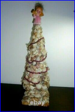 Vtg Chic Beach Xmas Tree SEASHELL ART glass garland angel topper Shabby 1960's