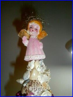 Vtg Chic Beach Xmas Tree SEASHELL ART glass garland angel topper Shabby 1960's