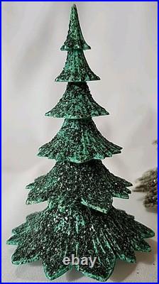 Vtg Christmas Putz Village Trees Hard Plastic Mica Glitter Germany Ges Set Of 4