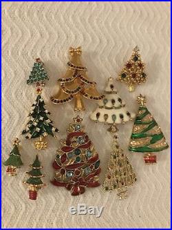 Vtg Christmas Tree Brooch Pin Lot Rhinestones Enamels Christopher Radko Lot 10