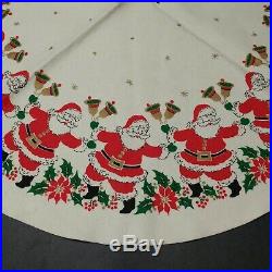 Vtg Christmas Tree Skirt 34 cream felt Santa starburst poinsettia atomic mcm