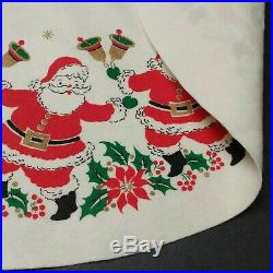 Vtg Christmas Tree Skirt 34 cream felt Santa starburst poinsettia atomic mcm
